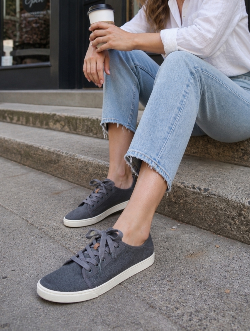 OluKai Gray Canvas Lace-Up Sneakers White Sole Casual Coastal Minimalist Comfort